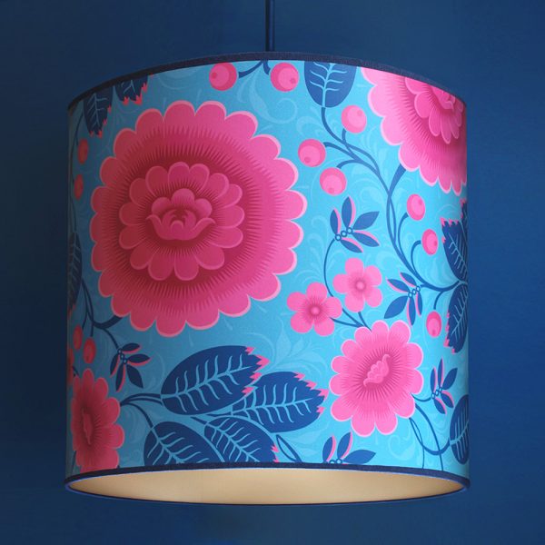 A high quality blue and pink floral lampshade, handmade using Olenka Velina Tropical wallpaper