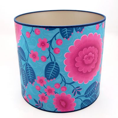 A high quality blue and pink floral lampshade, handmade using Olenka Velina Tropical wallpaper