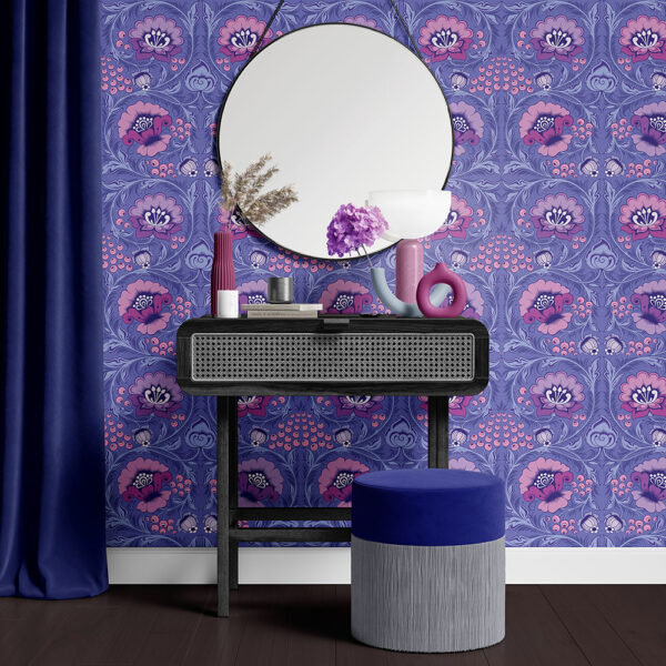 Dressing room with lilac floral wallpaper on the wall