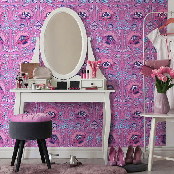 Pink floral wallpaper feature wall in a bedroom