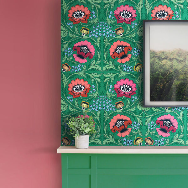 Coral wall paint and floral wallpaper
