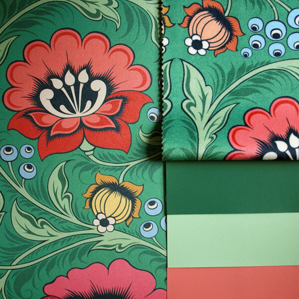 Green floral wallpaper, velvet and paint samples