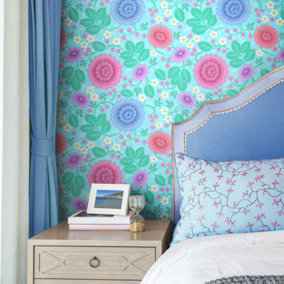 Pastel blue wallpaper in a bedroom